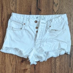 Free People White Distressed Denim Button Up Short